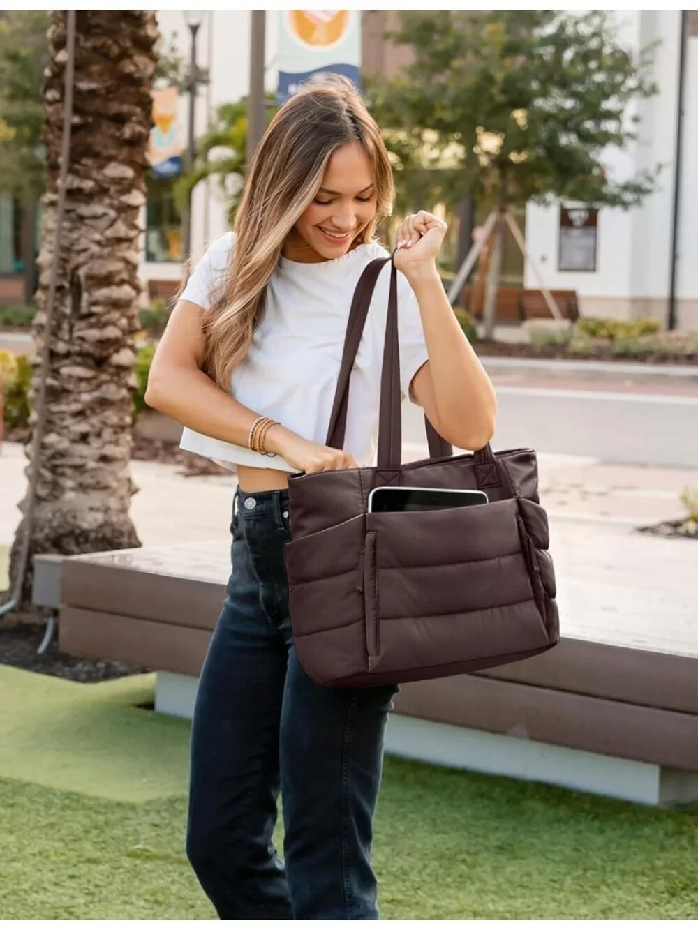 👜Women's Dark Brown Quilted Puffer Tote Bag Zipper Work Bag With Compartments